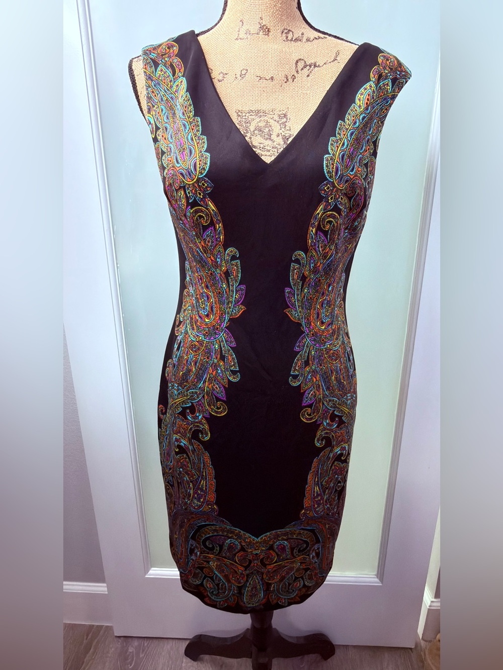 Boston Proper Black Midi Dress with Multicolor Paisley print. Size 10.
